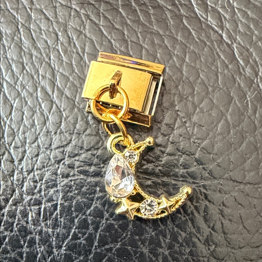 Gold Tone Crystal Moon & Star Drop Italian Charm Link